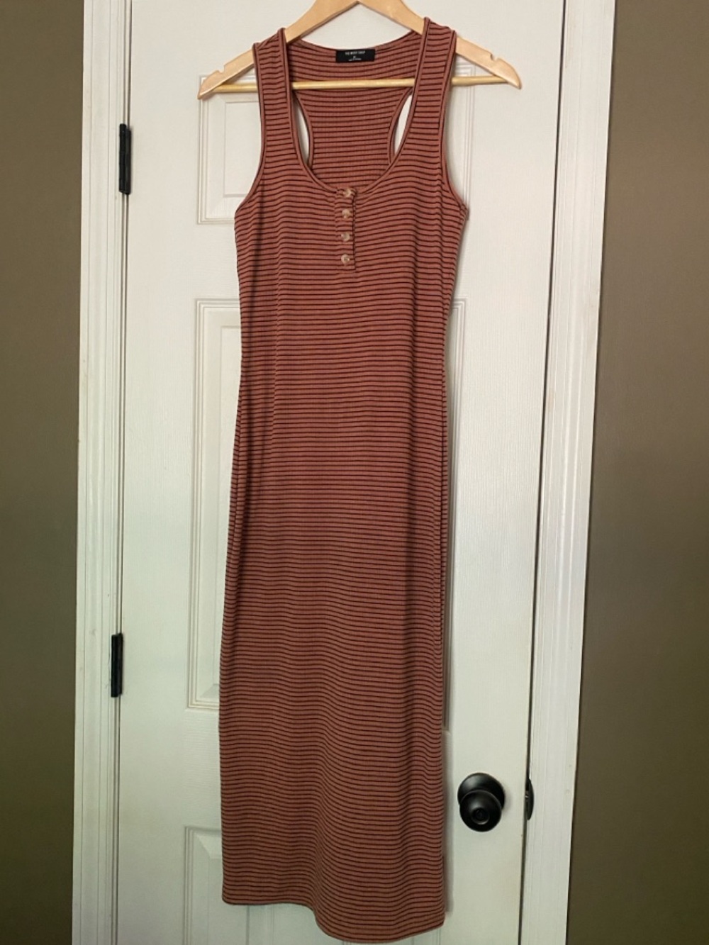 The Workshop Casual Ribbed Tank Maxi Dress - mauve and black stripes - size M